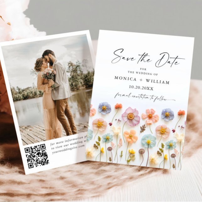 Pastel Pink Boho Wildflowers Wedding QR code Photo Save The Date (Creator Uploaded)