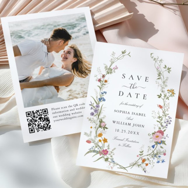 Pastel Pink Boho Wildflowers Wedding QR code Photo Save The Date (Creator Uploaded)
