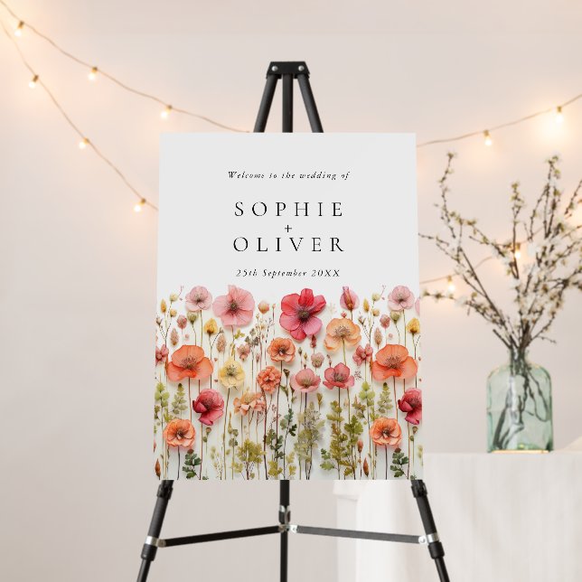 Pastel Pink Boho Wildflowers WELCOME Wedding Foam Board (In Situ (Stand))