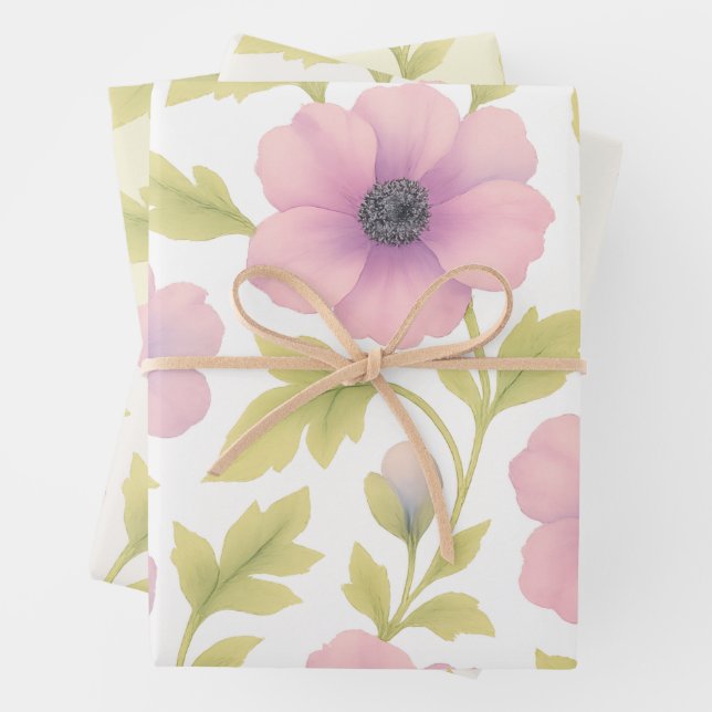 Pastel Pink Botanical Floral Wrapping Paper Set of (In situ)