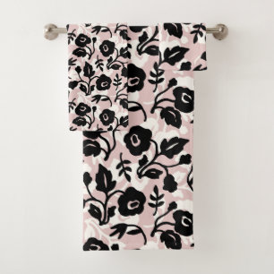 Pastel Pink Botanical Plants Modern Floral Name Bath Towel Set