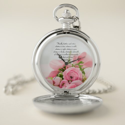 Pastel Pink Bouquet of Flowers Bible Verse Pocket Watch