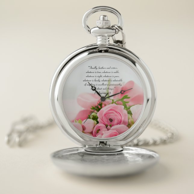 Pastel Pink Bouquet of Flowers Bible Verse Pocket Watch (Inside)