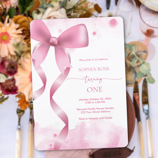 Pastel Pink Bow Baby Girl 1st Birthday Aesthetic Invitation | Zazzle