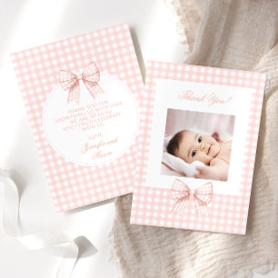 Pastel pink bow baby shower photo thank you cards