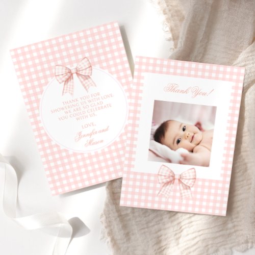 Pastel pink bow baby shower photo thank you cards