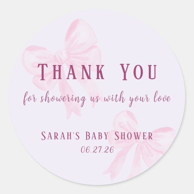 Pastel Pink Bow Baby Shower Thank You Sticker (Front)