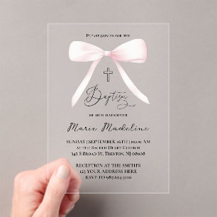 pastel pink bow Baptism Acrylic Invitations