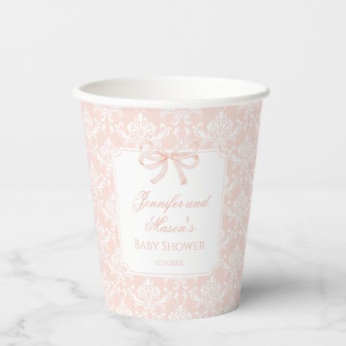 Pastel pink bow damask baby girl shower paper cups