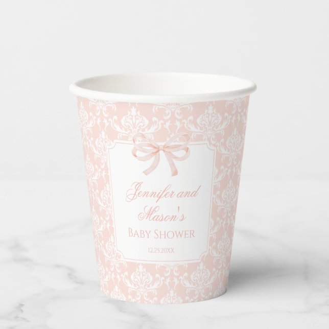 Pastel pink bow damask baby girl shower paper cups (Front)