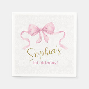 Pastel Pink Bow & Elegant Gold Script Birthday Napkins