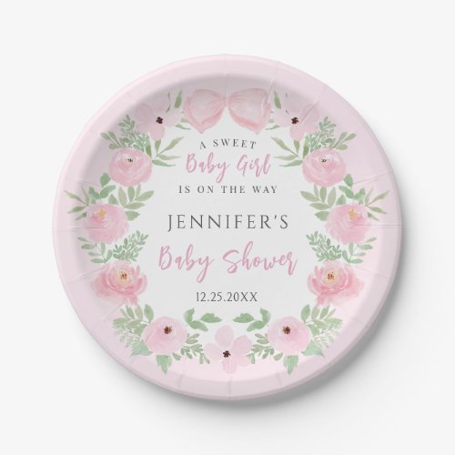 Pastel pink bow floral baby girl shower paper plates
