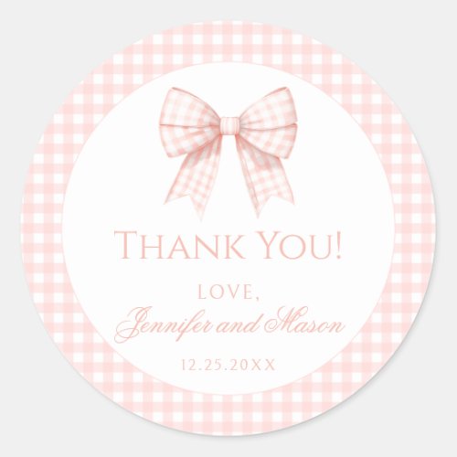 Pastel pink bow gingham baby shower thank you classic round sticker