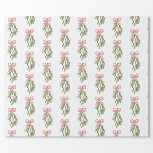 Pastel Pink Bow on Christmas Mistletoe Gift Wrapping Paper