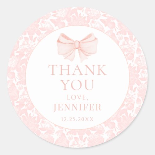 Pastel pink bow preppy baby girl shower thank you classic round sticker