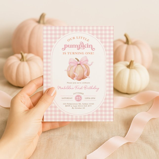 Pastel Pink Bow Pumpkin Fall 1st Birthday Party Invitation (Creator Uploaded)