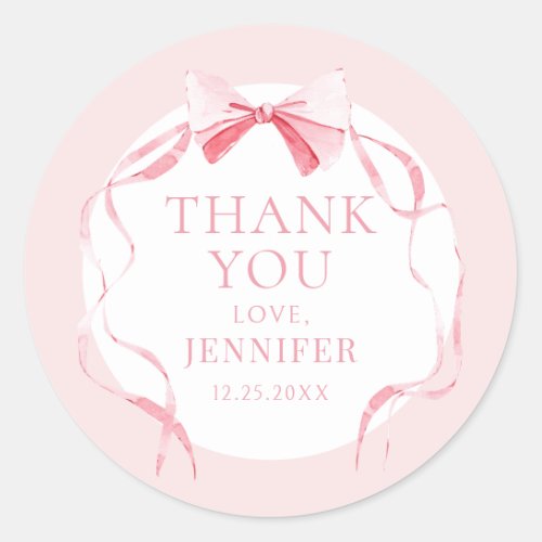 Pastel pink bow ribbon baby girl shower thank you classic round sticker