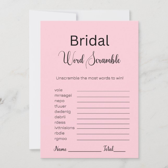 Pastel Pink Bridal Word Scramble Game Invitation (Front)