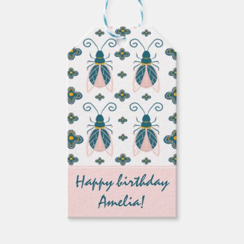 Pastel Pink Bugs Flower Girl Birthday Gift Tags