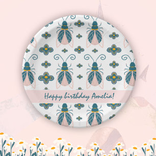 Pastel Pink Bugs Flower Girl Birthday Paper Plates