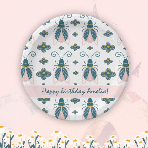 Pastel Pink Bugs Flower Girl Birthday Paper Plates