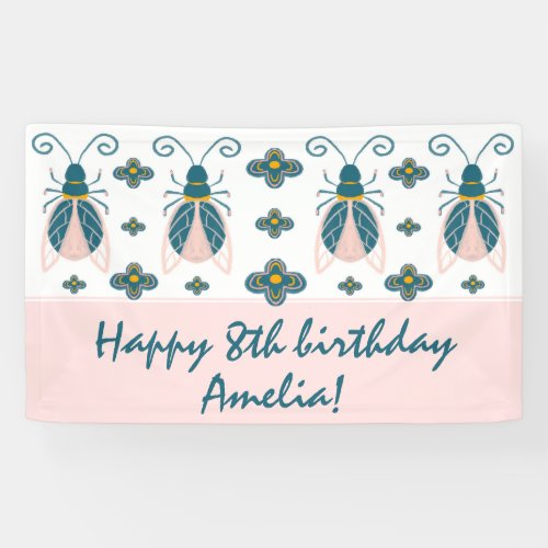 Pastel Pink Bugs Flower Girl Birthday Party Banner