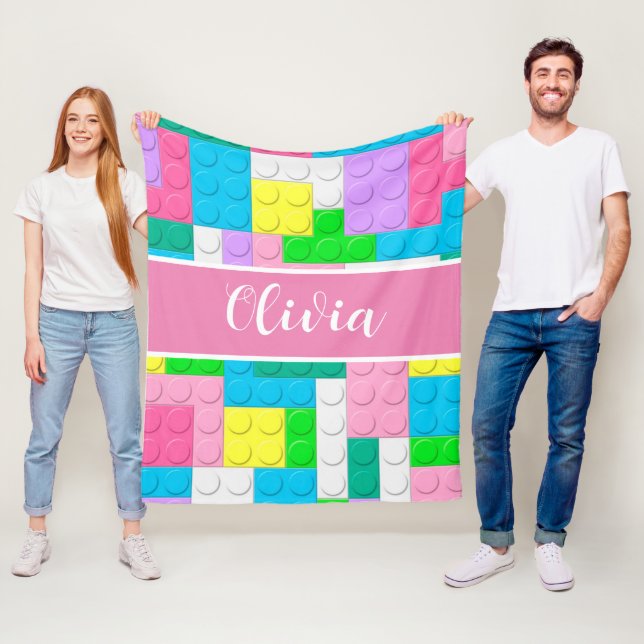 Pastel Pink Building Blocks Custom Girl Fleece Blanket (In Situ)