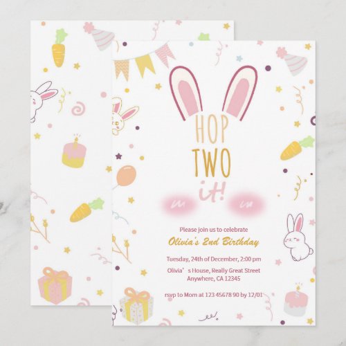 Pastel Pink Bunny 2nd Birthday Hop Two It Invite