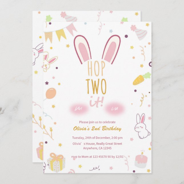 Pastel Pink Bunny 2nd Birthday Hop Two It Invite (Front/Back)