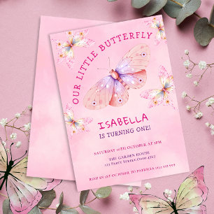 Pastel Pink Butterfly Theme Girl's 1st Birthday Invitation