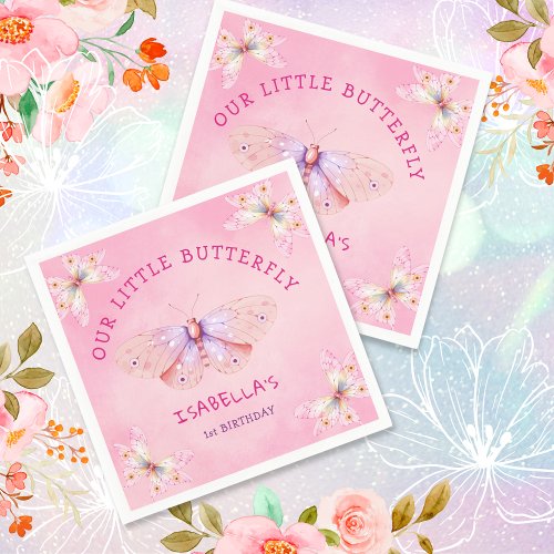 Pastel Pink Butterfly Theme Girls 1st Birthday  Napkins