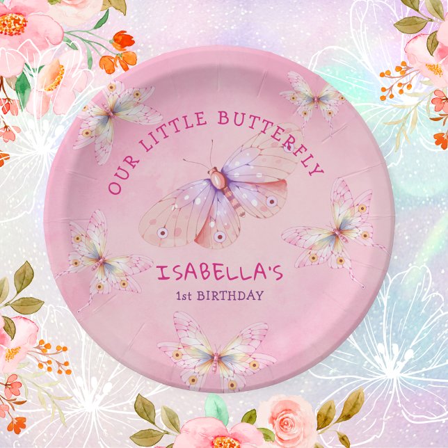 Pastel Pink Butterfly Theme Girl's 1st Birthday  Paper Plates (Pastel Pink Butterfly Theme Girl's 1st Birthday Paper Plates)