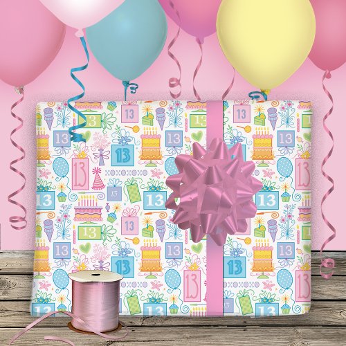 Pastel Pink Cake Presents Balloons 13th Birthday  Wrapping Paper Sheets