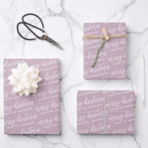 Pastel Pink Calligraphy Merry Christmas Family Wrapping Paper Sheets