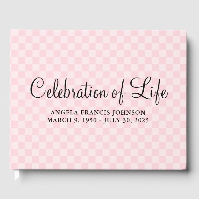 Pastel Pink Checkerboard Celebration of Life Guest Book (Front)