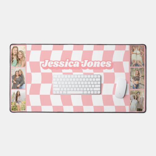 Pastel Pink Checkerboard Cute Name Photo Collage Desk Mat