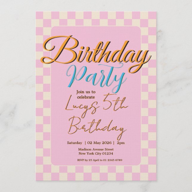 Pastel Pink Checkered Birthday Party Invitation (Front)
