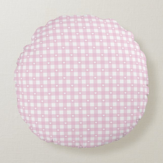 Pastel Pink Checks Round Pillow (Front)