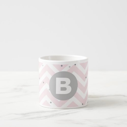 Pastel Pink Chevron and Dots Grey Monogram Espresso Cup