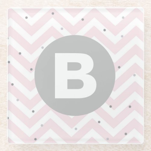Pastel Pink Chevron and Dots Grey Monogram Glass Coaster