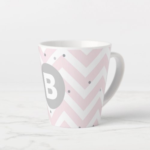 Pastel Pink Chevron and Dots Grey Monogram Latte Mug