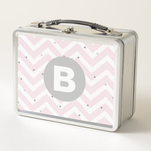 Pastel Pink Chevron and Dots Grey Monogram Metal Lunch Box