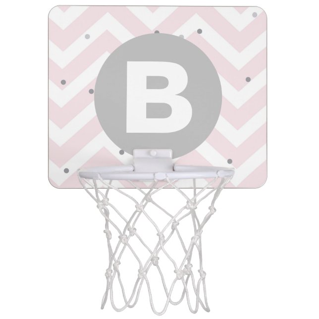 Pastel Pink Chevron and Dots Grey Monogram Mini Basketball Hoop (Front)