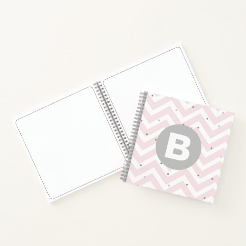 Pastel Pink Chevron and Dots Grey Monogram Notebook