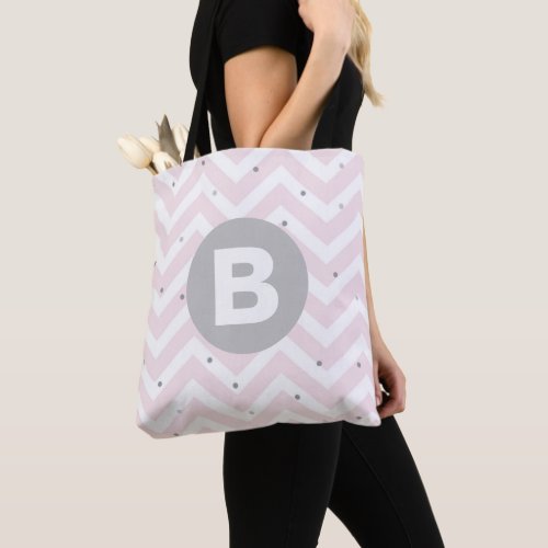 Pastel Pink Chevron and Dots Grey Monogram Tote Bag