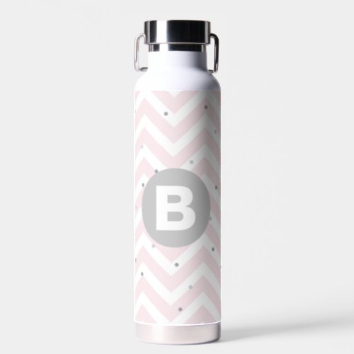 Pastel Pink Chevron and Dots Grey Monogram Water Bottle