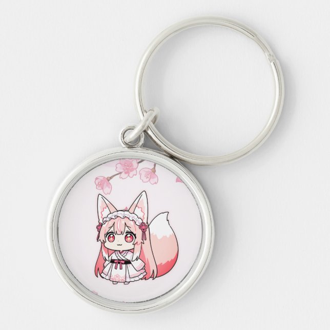 Pastel Pink Chibi FoxGirl with Cherry blossom Keychain (Front)