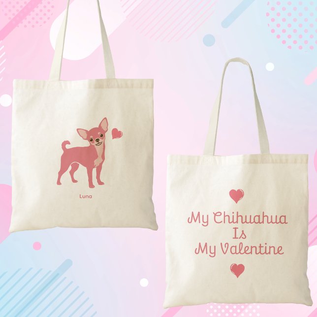 Pastel Pink Chihuahua Valentine Tote, Custom Name Tote Bag (Creator Uploaded)