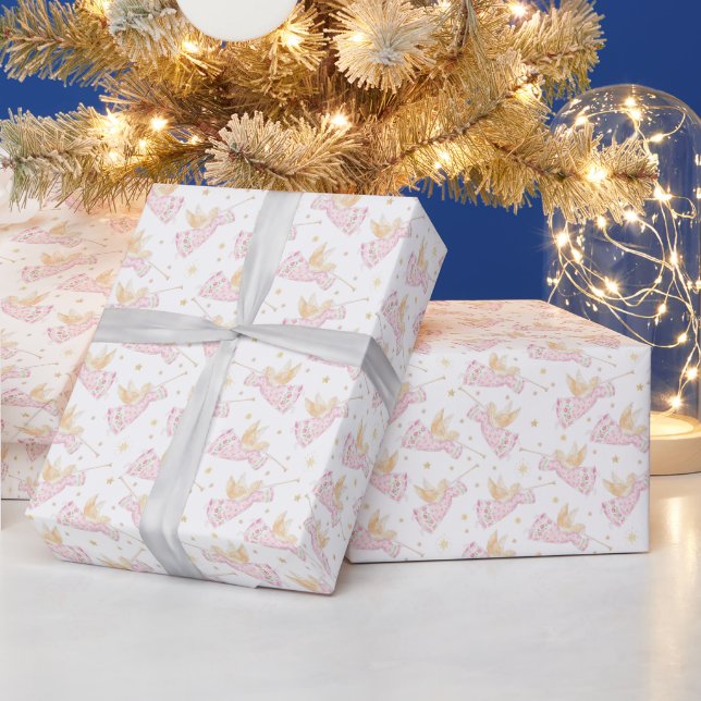Pastel Pink Christmas Angels Wrapping Paper (Holidays)