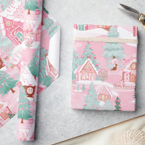 Pastel Pink Christmas Gingerbread Houses Wrapping Paper